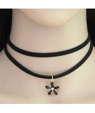 Oil Spot Glazed Black Flower Pendant Two Layers Rope Fashion Necklace