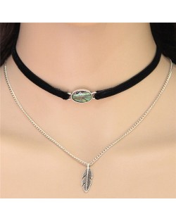 Seashell Gem and Alloy Feather Pendants Dual Layers Fashion Necklace