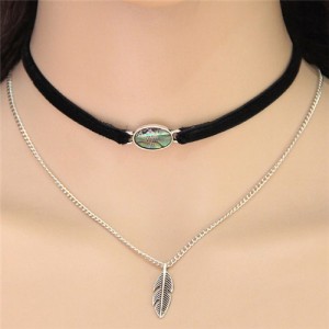 Seashell Gem and Alloy Feather Pendants Dual Layers Fashion Necklace