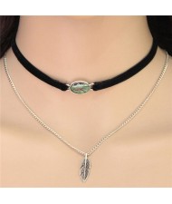 Seashell Gem and Alloy Feather Pendants Dual Layers Fashion Necklace