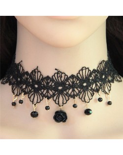 Rose and Beads Pendants Hollow Floral Black Lace Necklace