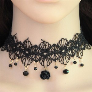 Rose and Beads Pendants Hollow Floral Black Lace Necklace