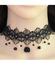 Rose and Beads Pendants Hollow Floral Black Lace Necklace