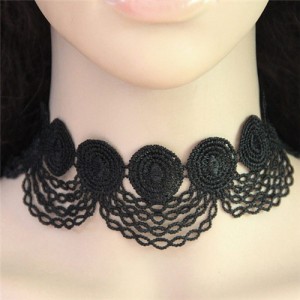 Hollow Floral and Tassel Design Black Lace Necklace
