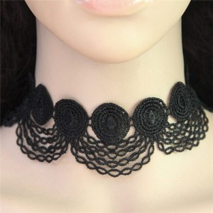 Hollow Floral and Tassel Design Black Lace Necklace
