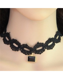 Black Square Gem Pendant Hollow Lips Design Lace Necklace