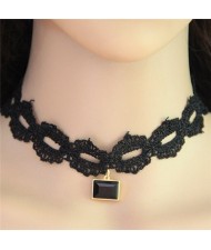 Black Square Gem Pendant Hollow Lips Design Lace Necklace