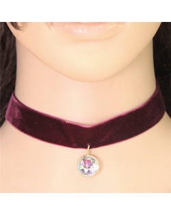 Shining Round Gem Pendant High Fashion Woolen Yarn Rope Necklace
