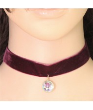 Shining Round Gem Pendant High Fashion Woolen Yarn Rope Necklace