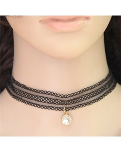 Gem Pendant Popular Fashion Floral Pattern Black Lace Necklace