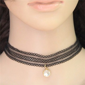 Gem Pendant Popular Fashion Floral Pattern Black Lace Necklace