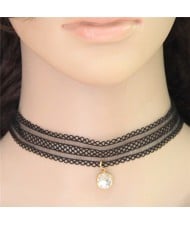 Gem Pendant Popular Fashion Floral Pattern Black Lace Necklace