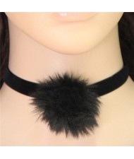 Fluffy Ball Decorated High Fashion Rope Necklace - Black
