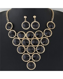 Resin Rounds Cluster Design Fashion Statement Necklace and Earrings Set - Black