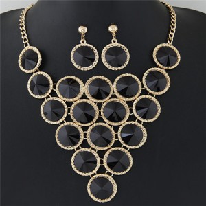 Resin Rounds Cluster Design Fashion Statement Necklace and Earrings Set - Black
