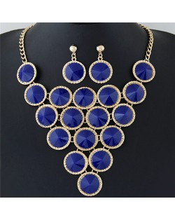 Resin Rounds Cluster Design Fashion Statement Necklace and Earrings Set - Blue