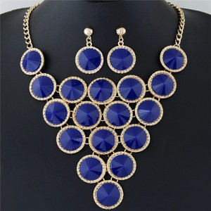 Resin Rounds Cluster Design Fashion Statement Necklace and Earrings Set - Blue