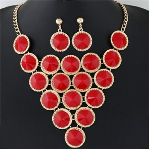 Resin Rounds Cluster Design Fashion Statement Necklace and Earrings Set - Red