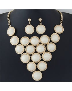 Resin Rounds Cluster Design Fashion Statement Necklace and Earrings Set - White