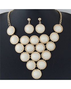 Resin Rounds Cluster Design Fashion Statement Necklace and Earrings Set - White