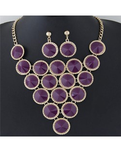 Resin Rounds Cluster Design Fashion Statement Necklace and Earrings Set - Purple