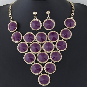 Resin Rounds Cluster Design Fashion Statement Necklace and Earrings Set - Purple