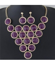 Resin Rounds Cluster Design Fashion Statement Necklace and Earrings Set - Purple