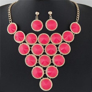 Resin Rounds Cluster Design Fashion Statement Necklace and Earrings Set - Pink