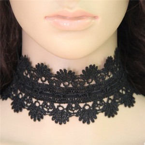 Western High Fashion Hollow Floral Pattern Wide Black Lace Necklace