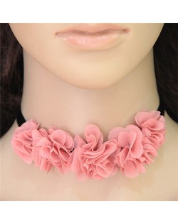 Sweet Pinky Cloth Flowers Rope Costume Necklace