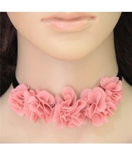 Sweet Pinky Cloth Flowers Rope Costume Necklace