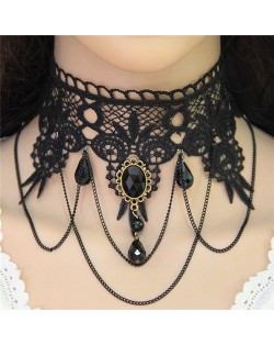 Vintage Tassel Chain and Gem Buckle Decorated Floral Black Lace Choker Necklace