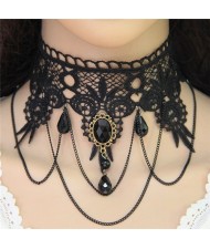 Vintage Tassel Chain and Gem Buckle Decorated Floral Black Lace Choker Necklace