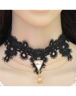 Triangle and Waterdrop Pendants with Golden Chain Design Black Lace Choker Necklace