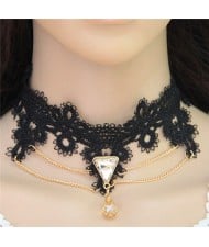 Triangle and Waterdrop Pendants with Golden Chain Design Black Lace Choker Necklace