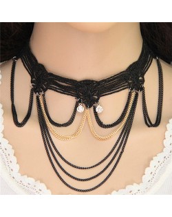 Black and Golden Chain Tassel Combo Design Multi-layer Lace Fashion Necklace