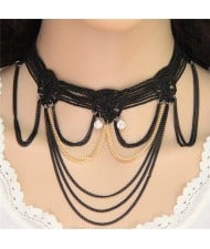 Black and Golden Chain Tassel Combo Design Multi-layer Lace Fashion Necklace
