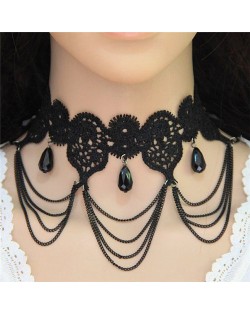 Waterdrops and Tassel Design Hollow Floral Black Lace Statement Necklace