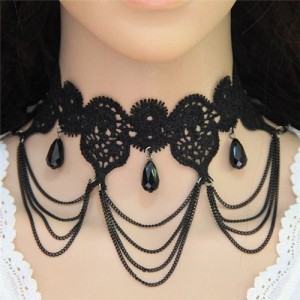 Waterdrops and Tassel Design Hollow Floral Black Lace Statement Necklace