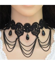 Waterdrops and Tassel Design Hollow Floral Black Lace Statement Necklace