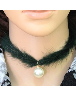Pearl Pendant Artificial Mink Hair Short Fashion Necklace - Green