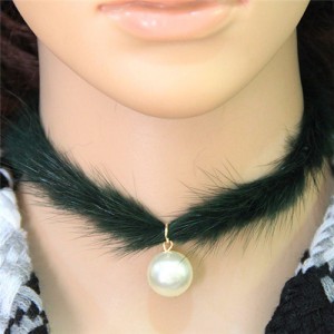Pearl Pendant Artificial Mink Hair Short Fashion Necklace - Green