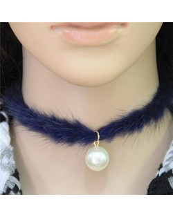 Pearl Pendant Artificial Mink Hair Short Fashion Necklace - Blue