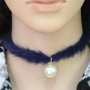 Pearl Pendant Artificial Mink Hair Short Fashion Necklace - Blue