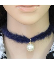 Pearl Pendant Artificial Mink Hair Short Fashion Necklace - Blue