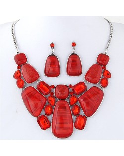 Luxurious Assorted Gems Combo Fashion Design Statement Necklace - Red