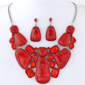 Luxurious Assorted Gems Combo Fashion Design Statement Necklace - Red