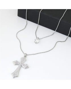 Rhinestone Inlaid Silver Cross Pendant Dual Layers Long Fashion Necklace