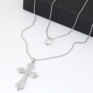Rhinestone Inlaid Silver Cross Pendant Dual Layers Long Fashion Necklace