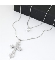 Rhinestone Inlaid Silver Cross Pendant Dual Layers Long Fashion Necklace